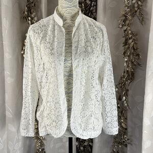 Tudor Court White Floral Lace Open Front Jacket Mandarin‎ Collar PM